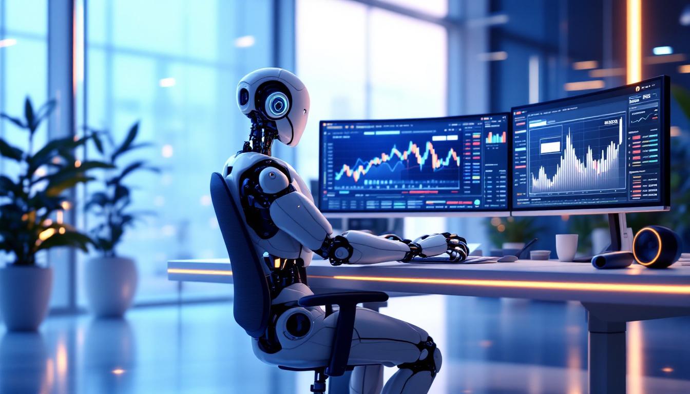 A hyper-realistic AI trading bot at a workstation analyzing market data on multiple glowing screens.