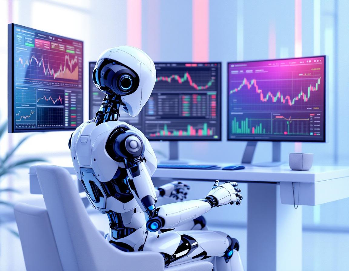 A humanoid AI trading bot analyzes market data at a futuristic workstation surrounded by screens.