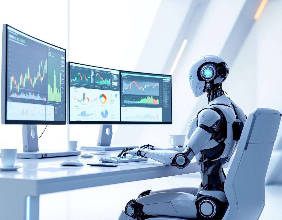 A humanoid AI trading bot analyzes market data at a high-tech workstation with multiple screens.