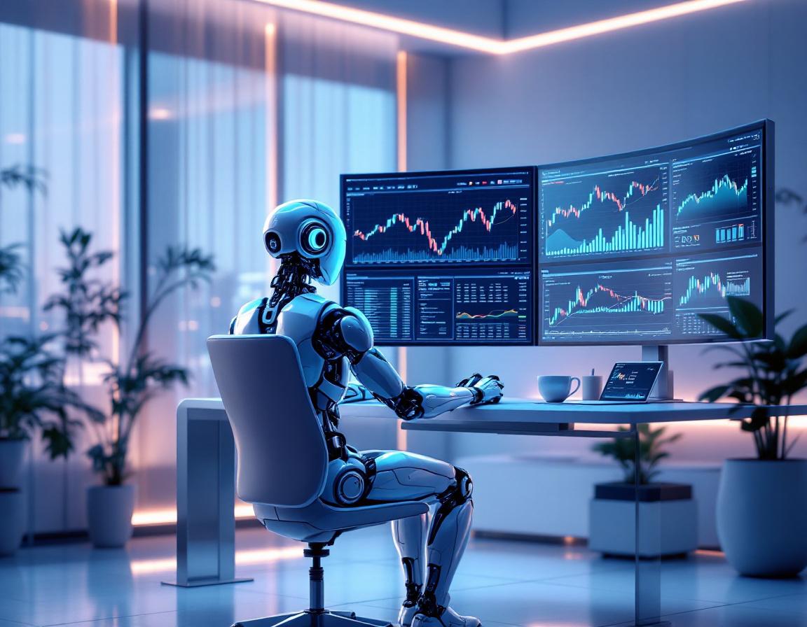 Hyper-realistic AI trading bot in a futuristic workstation analyzing stock and crypto markets.