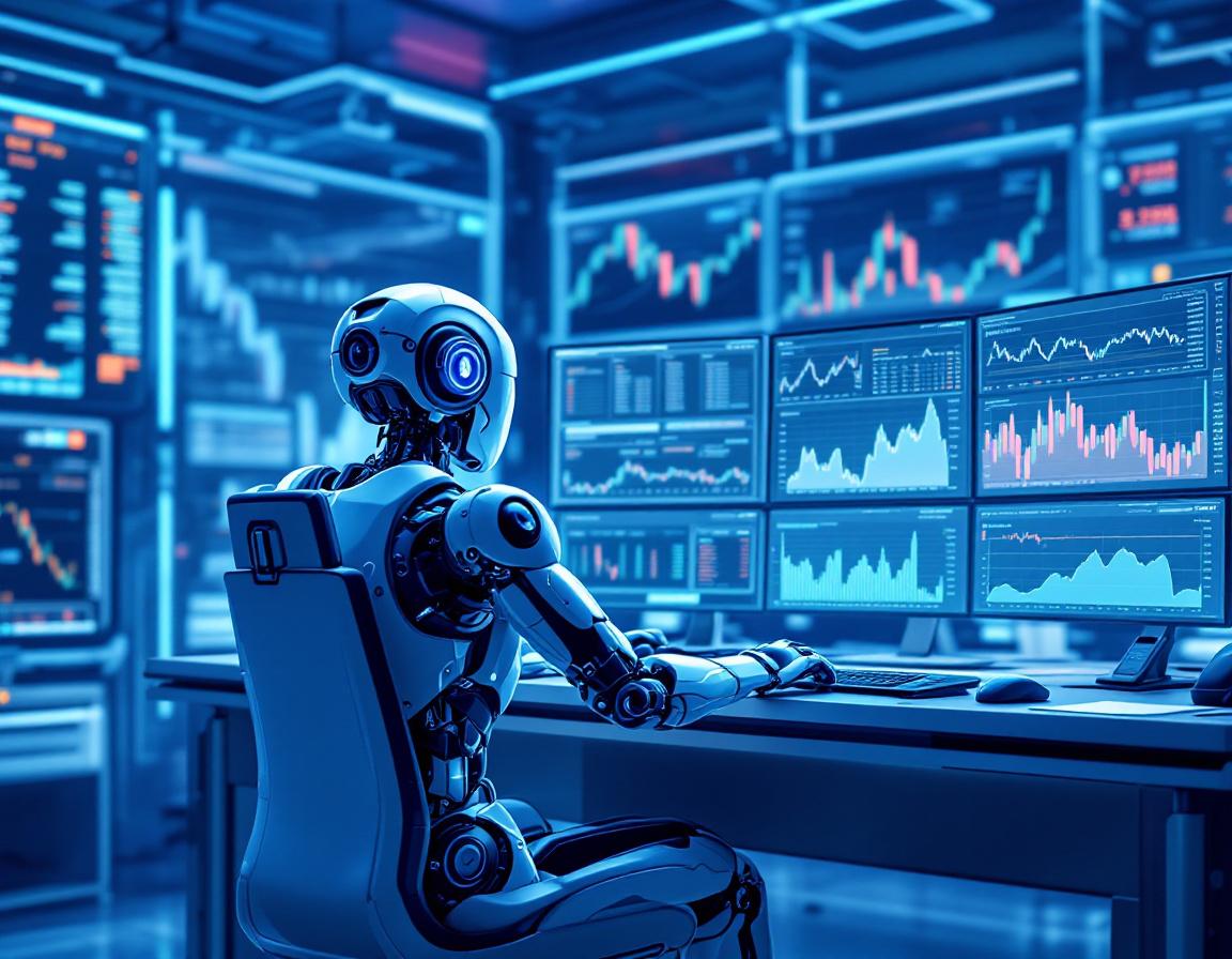 A humanoid AI trading bot analyzes market data at a futuristic workstation with glowing screens.
