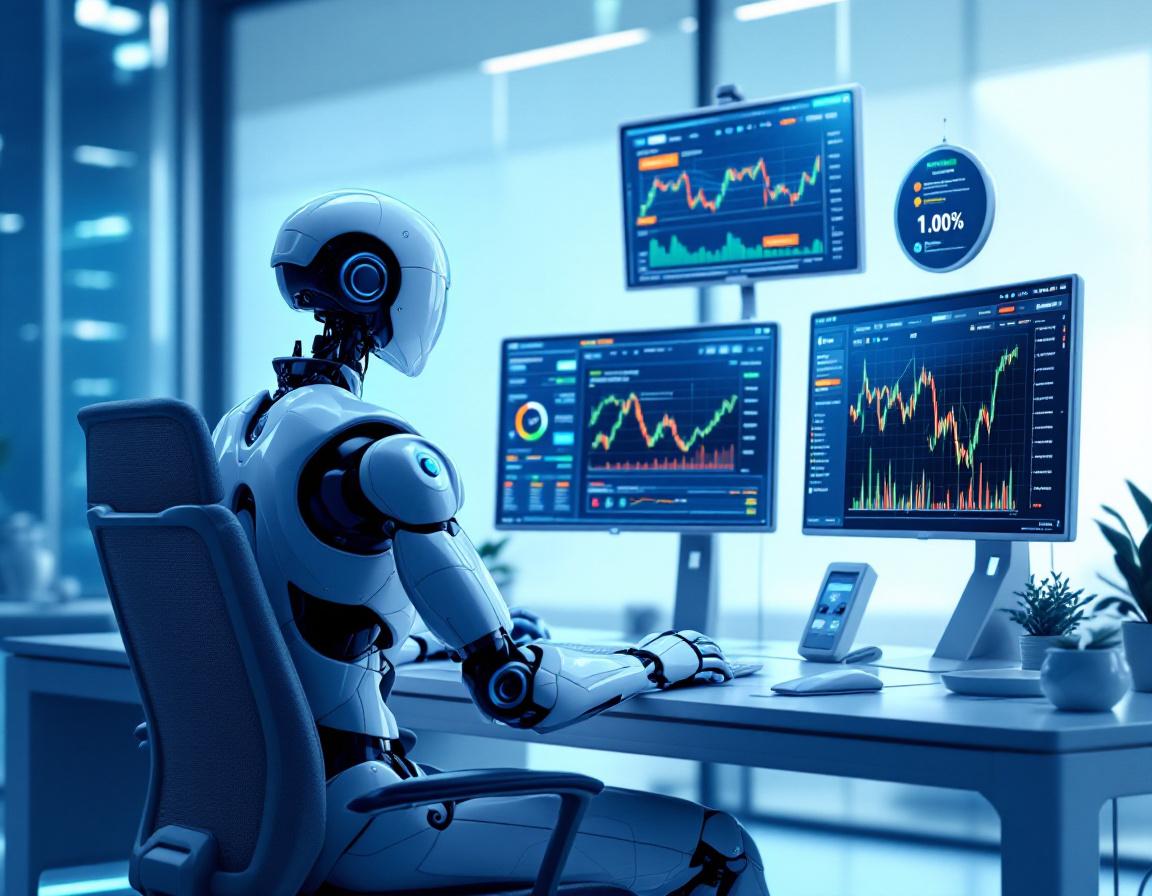 A sleek humanoid AI trading bot analyzes markets at a high-tech workstation with glowing screens.