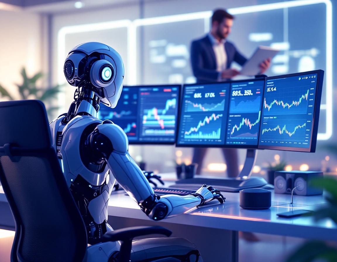 A humanoid AI trading bot at a high-tech workstation analyzing market data on multiple screens.