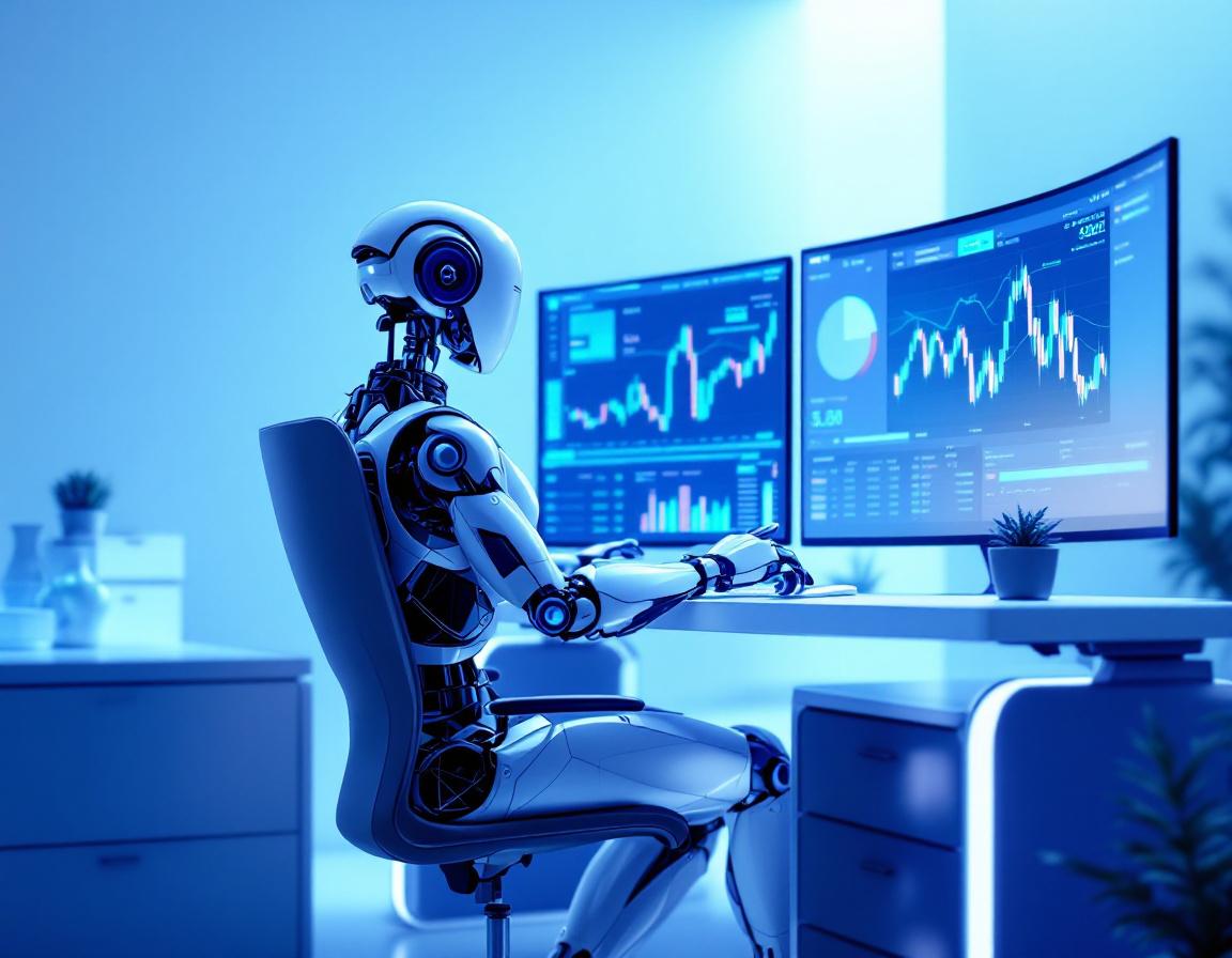 A sleek, humanoid AI trading bot at a high-tech workstation analyzing data on multiple screens.