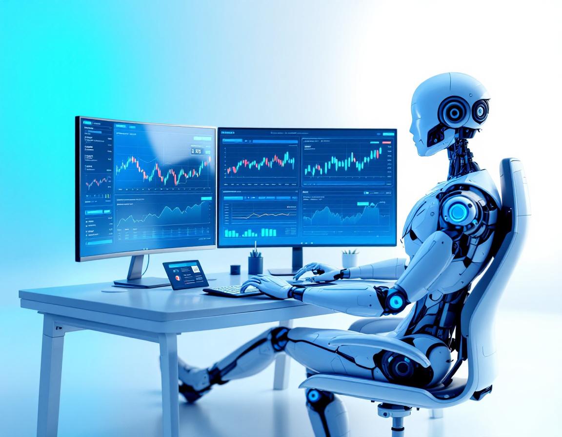 A humanoid AI trading bot at a high-tech workstation analyzing market data on multiple screens.