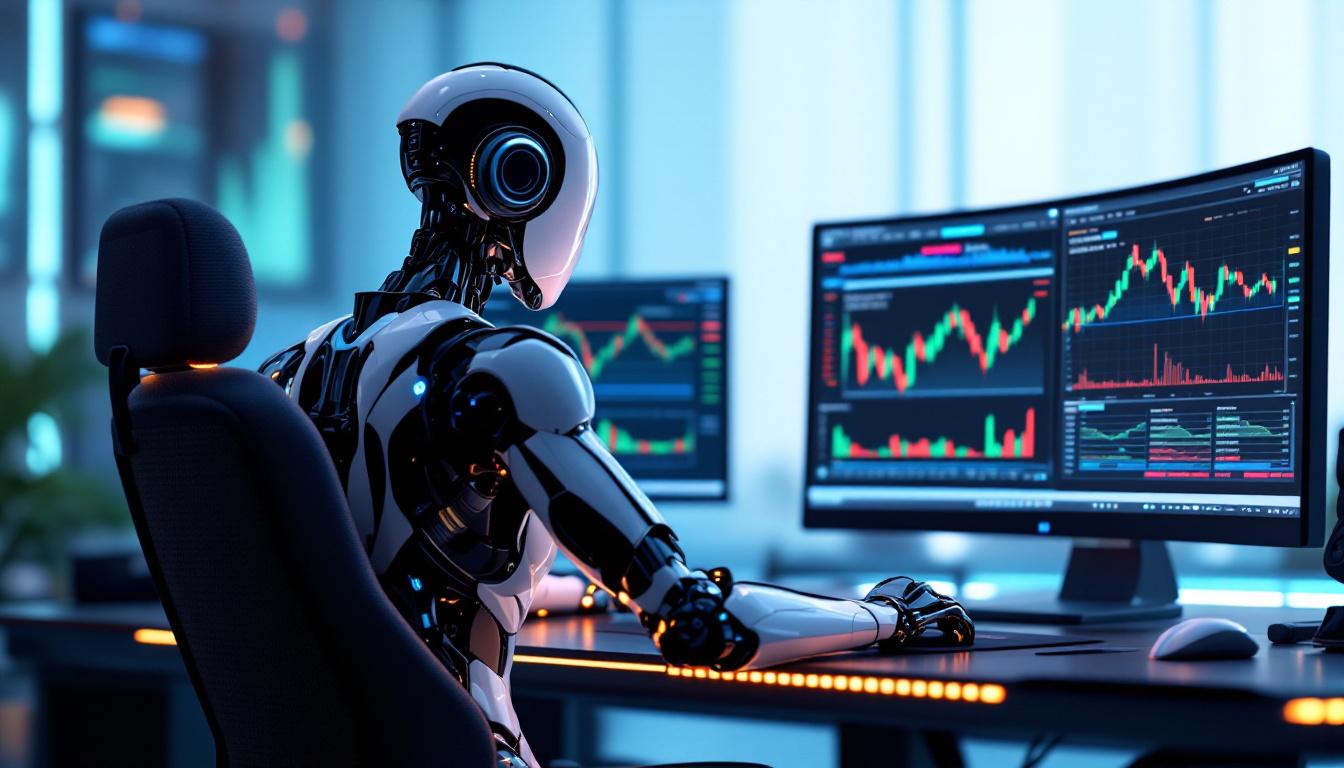 A hyper-realistic AI trading bot at a workstation, analyzing crypto data across multiple screens.