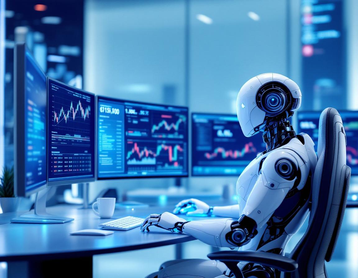 A sleek, humanoid AI trading bot analyzes crypto data on multiple screens in a futuristic workspace.