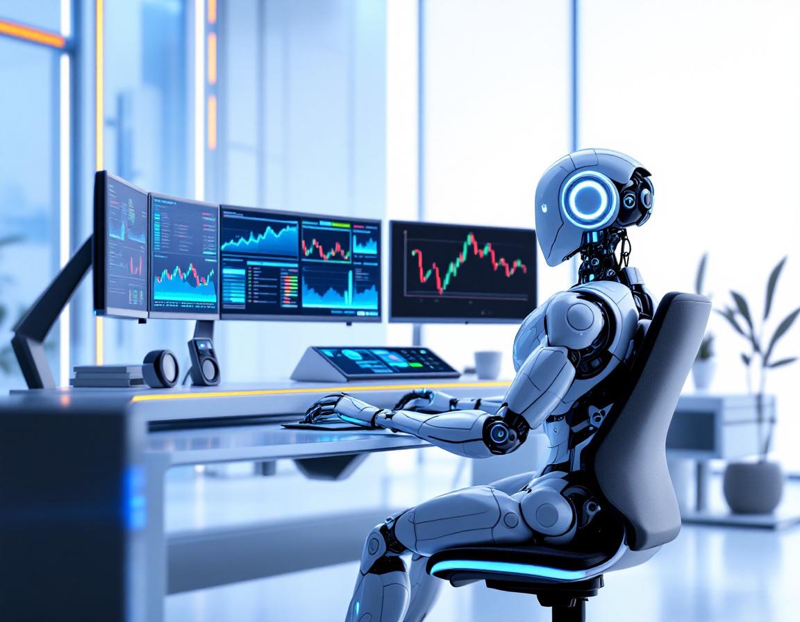 A humanoid AI trading bot analyzes market data at a high-tech workstation with multiple screens.