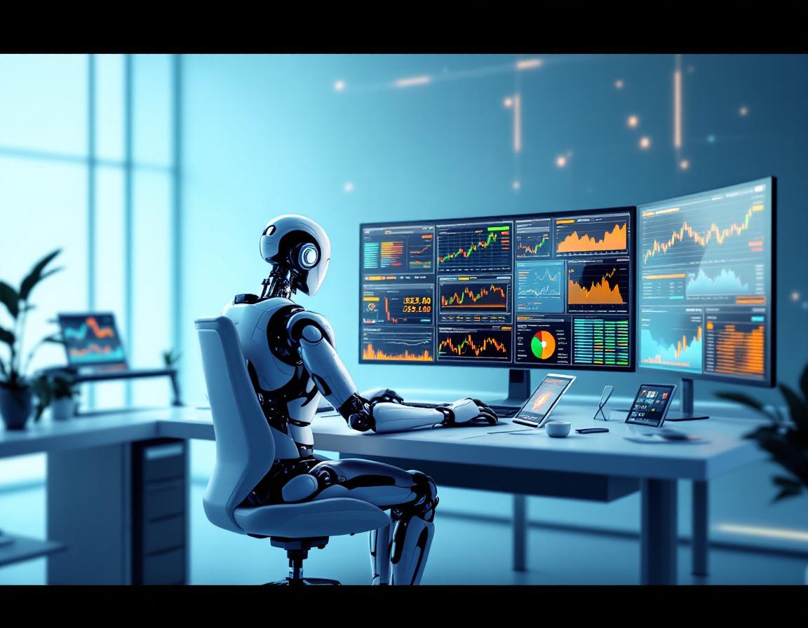 A humanoid AI trading bot at a futuristic workstation, analyzing market data on multiple screens.