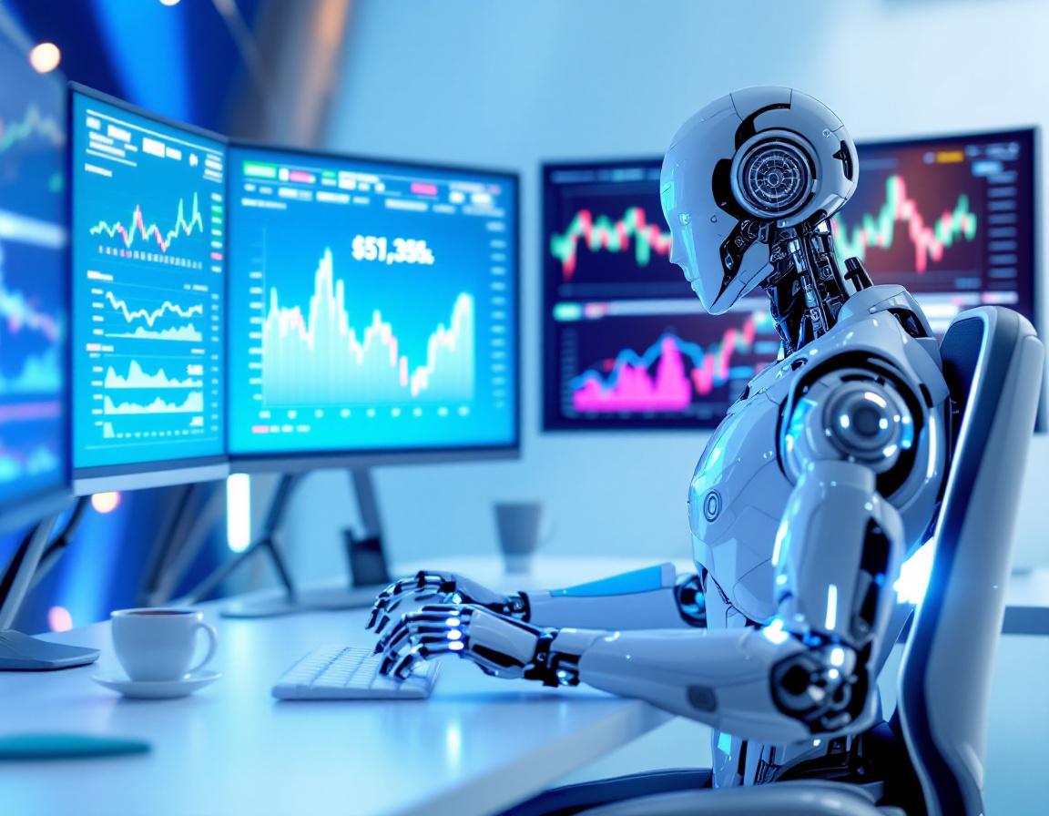 A hyper-realistic AI trading bot at a sleek workstation analyzing market data on multiple screens.
