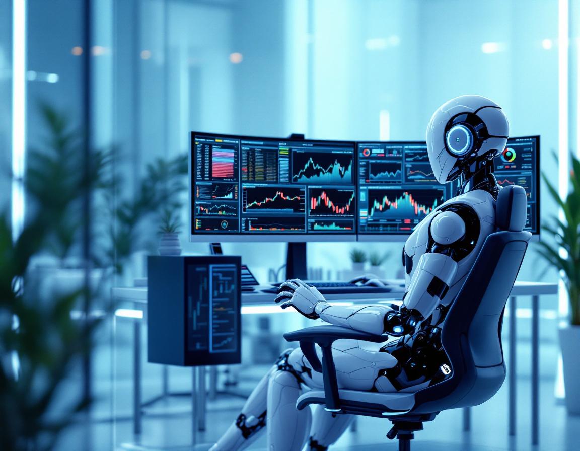 A hyper-realistic AI trading bot at a high-tech workstation, analyzing data across multiple screens.