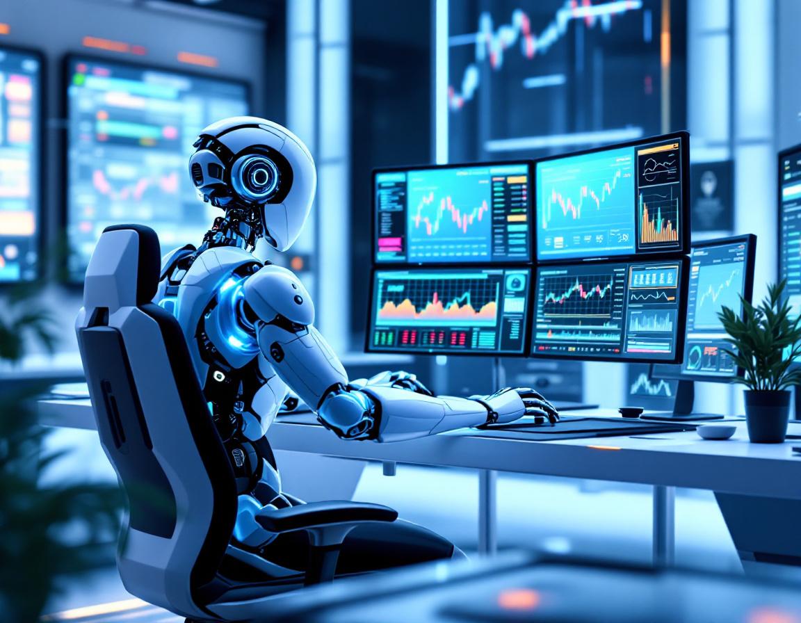 A humanoid AI trading bot analyzes market data at a futuristic workstation with multiple screens.