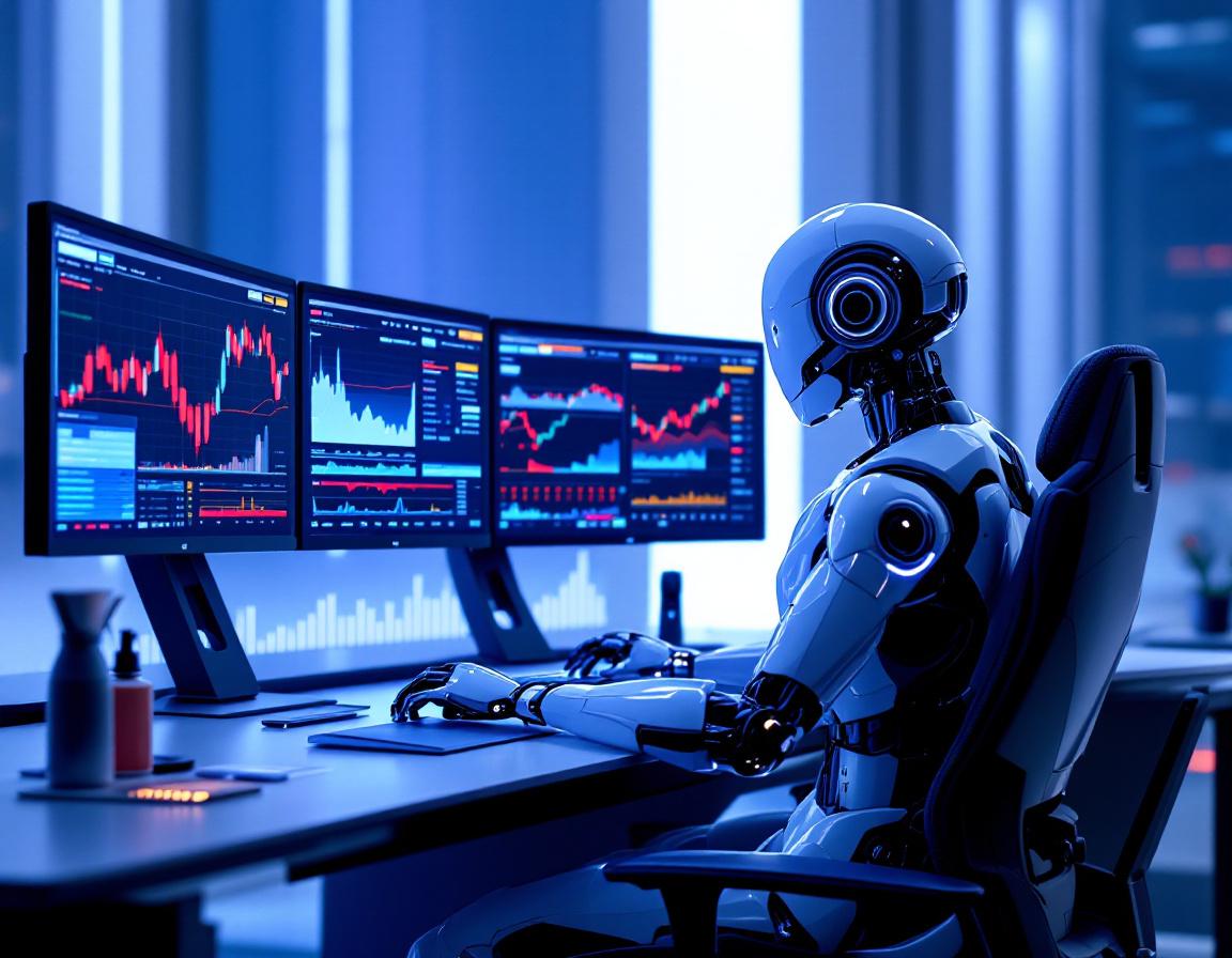 A humanoid AI trading bot at a high-tech workstation analyzes market data on multiple screens.