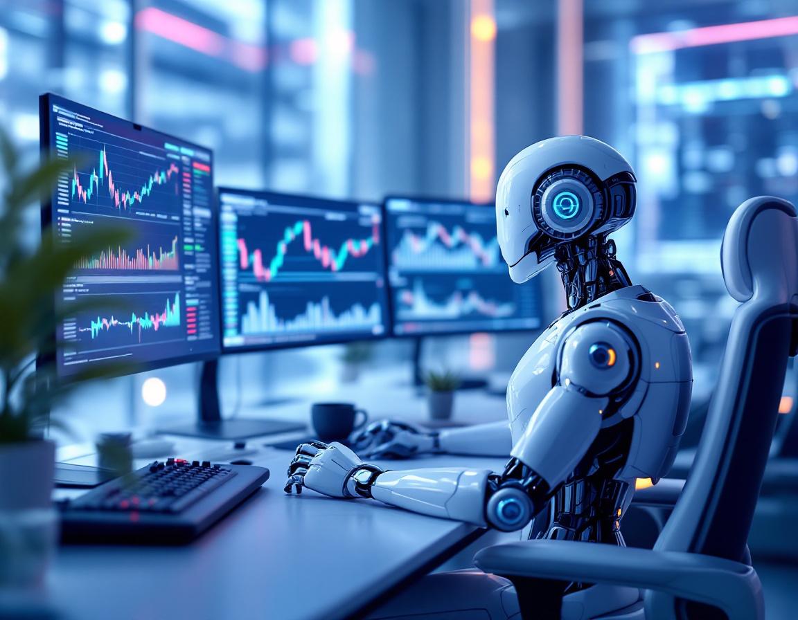A sleek, humanoid AI trading bot at a workstation analyzing market data on multiple screens.