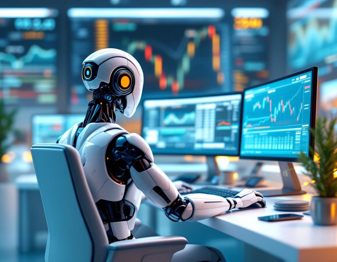 A humanoid AI trading bot in a futuristic workstation analyzes market data on multiple screens.