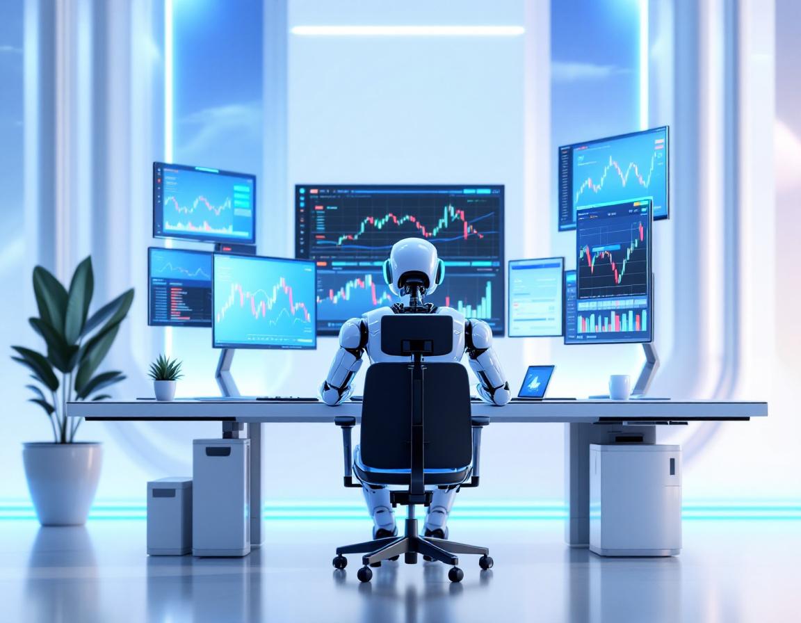 A hyper-realistic AI trading bot analyzes market data on multiple screens in a futuristic setting.