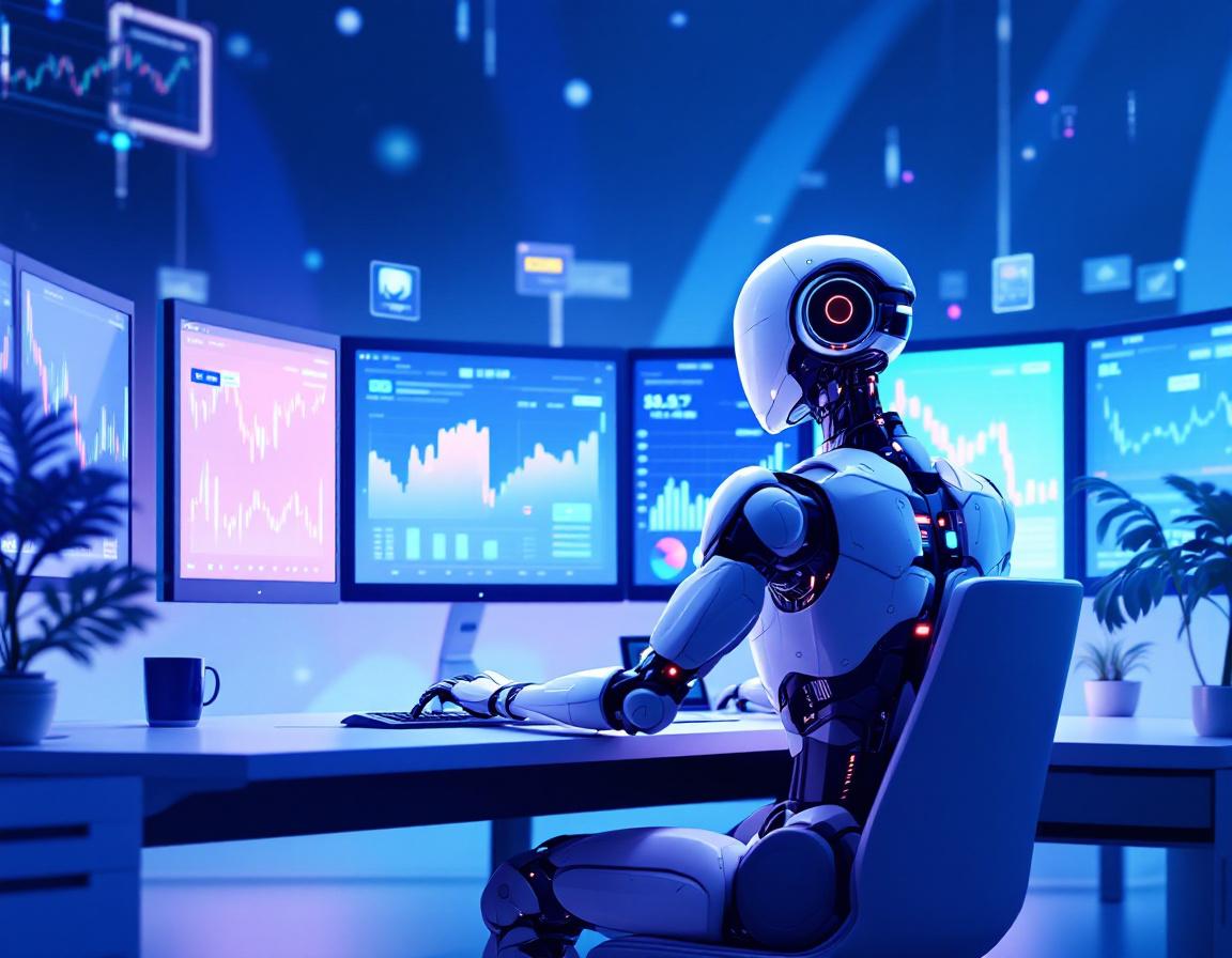 A hyper-realistic AI trading bot in a futuristic setting analyzing market data on multiple screens.