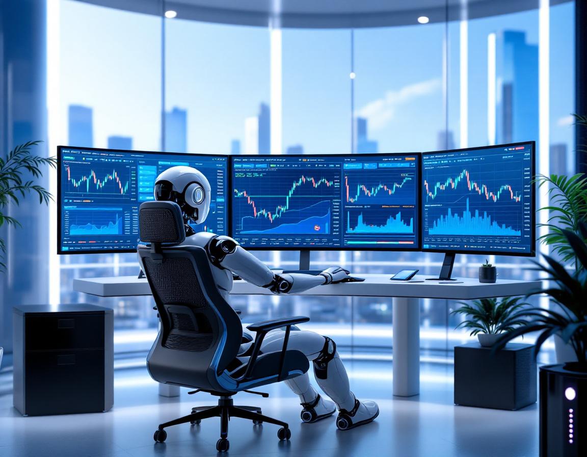 A humanoid AI trading bot analyzes market data at a futuristic workstation with multiple screens.