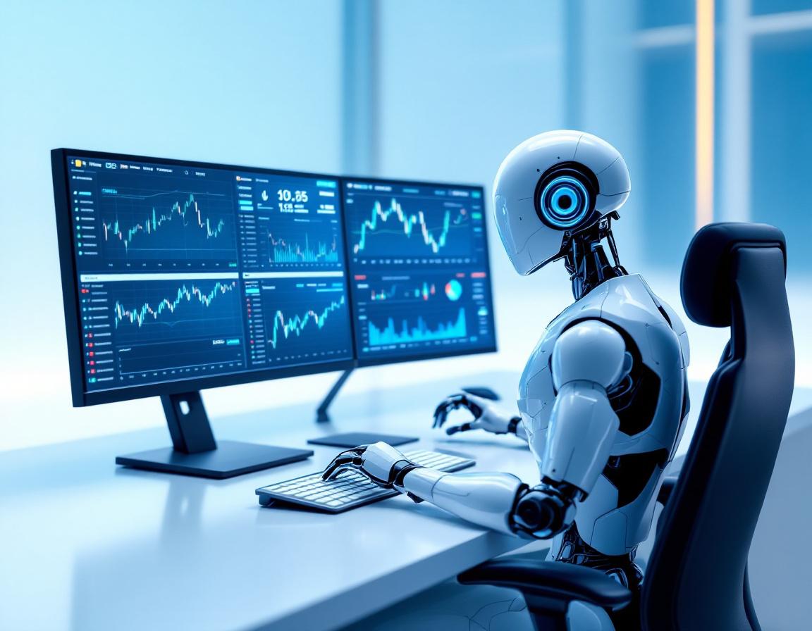 A humanoid AI trading bot at a high-tech workstation analyzing market data on multiple screens.
