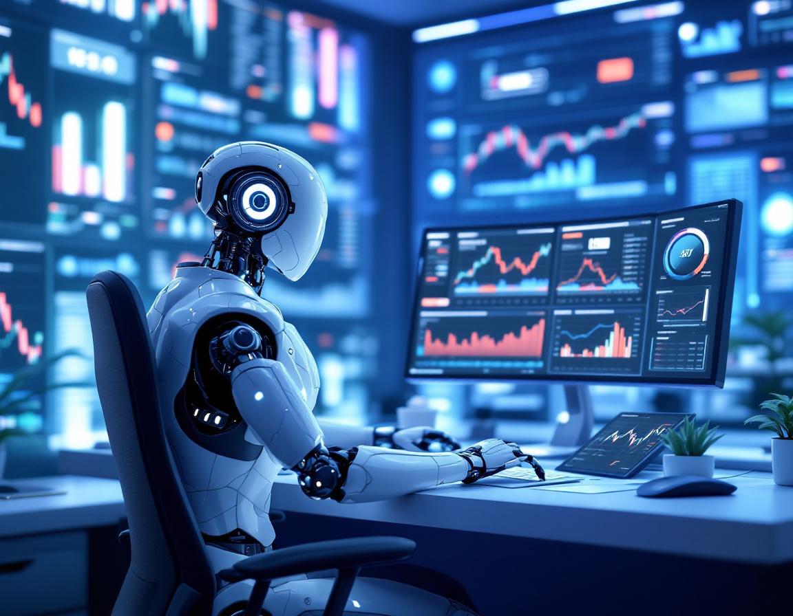 A hyper-realistic AI trading bot analyzes market data at a sleek workstation with glowing screens.