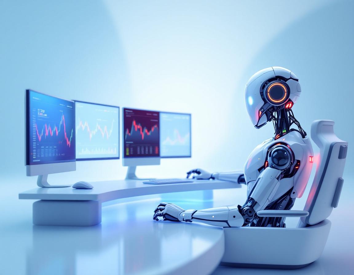 A sleek, humanoid AI trading bot at a high-tech workstation analyzing crypto and stock market data.