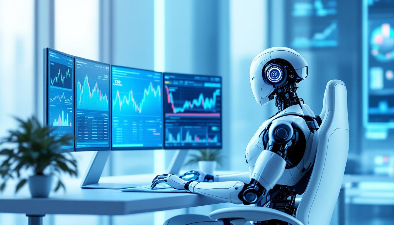 A humanoid AI trading bot at a high-tech workstation analyzing market data on multiple screens.