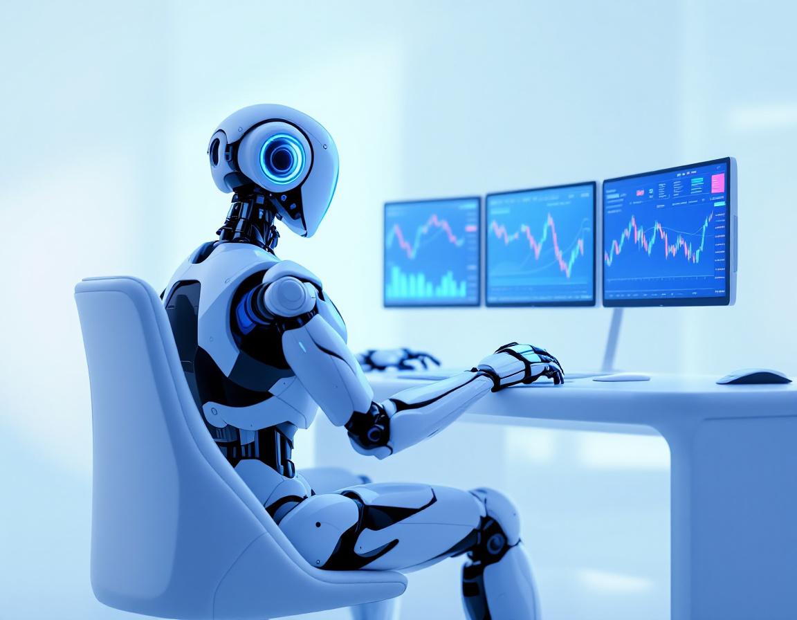 A humanoid AI trading bot analyzes market data at a futuristic workstation with dynamic screens.