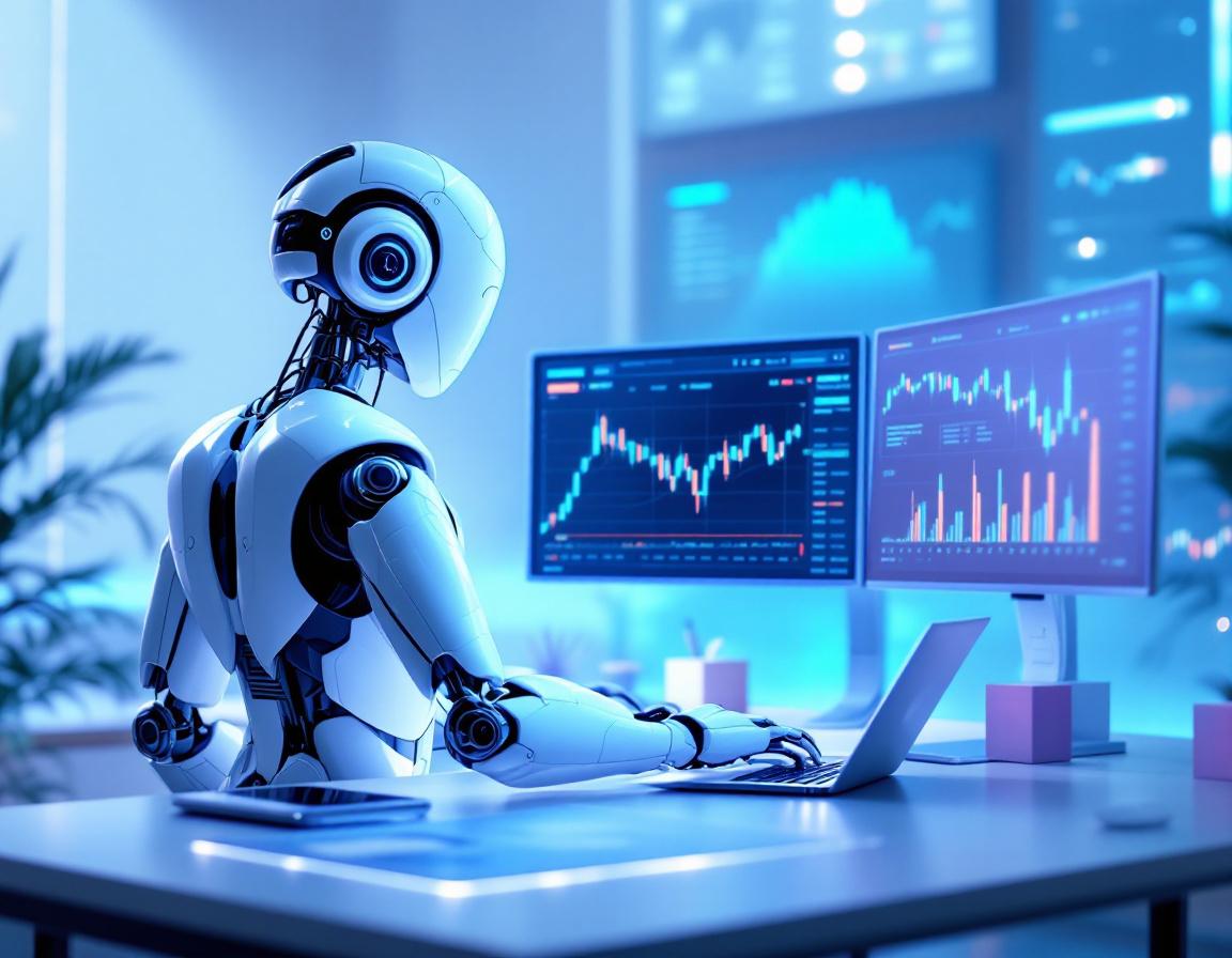 A detailed, hyper-realistic AI trading bot analyzes market data in a futuristic trading environment.