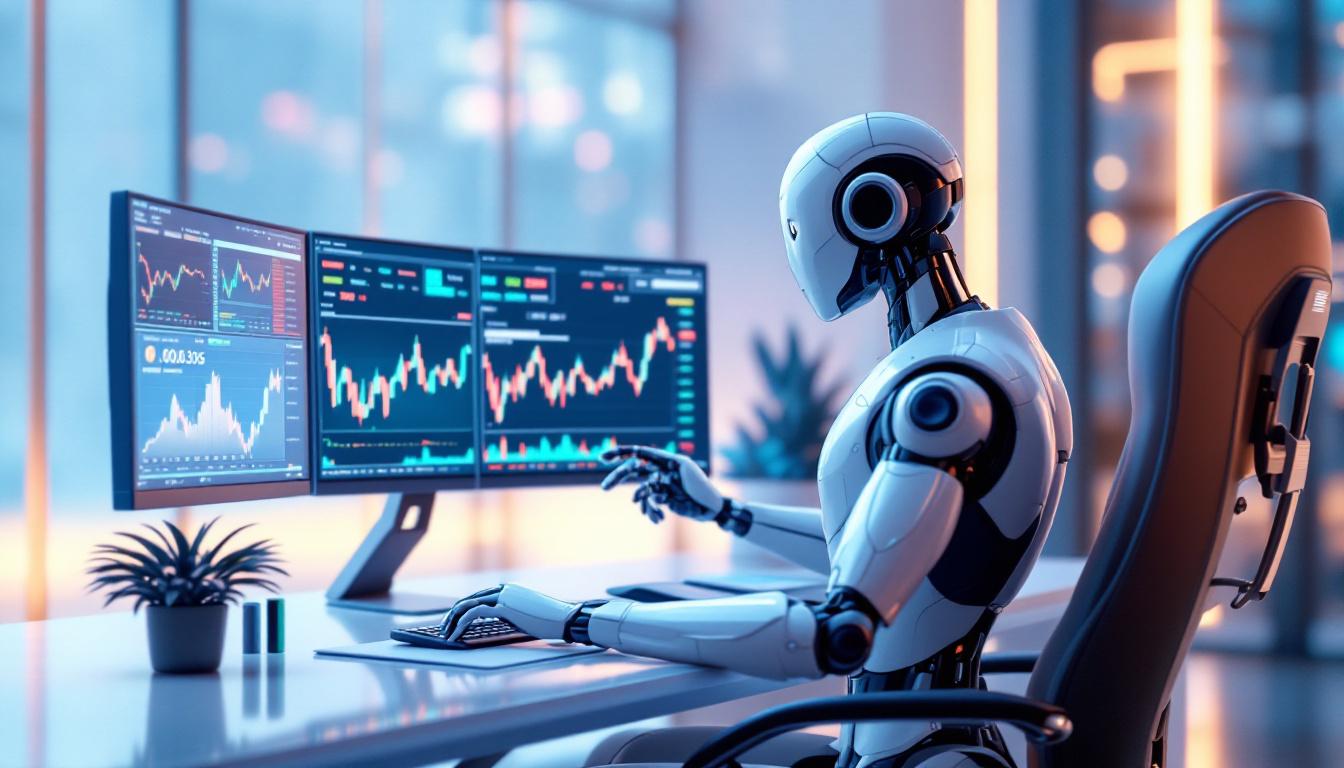 A hyper-realistic AI trading bot analyzes crypto and stock data in a bright, futuristic environment.